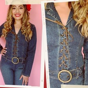 Vtg 90s Denim Belt Buckle Bell Bottoms Jumpsuit S
